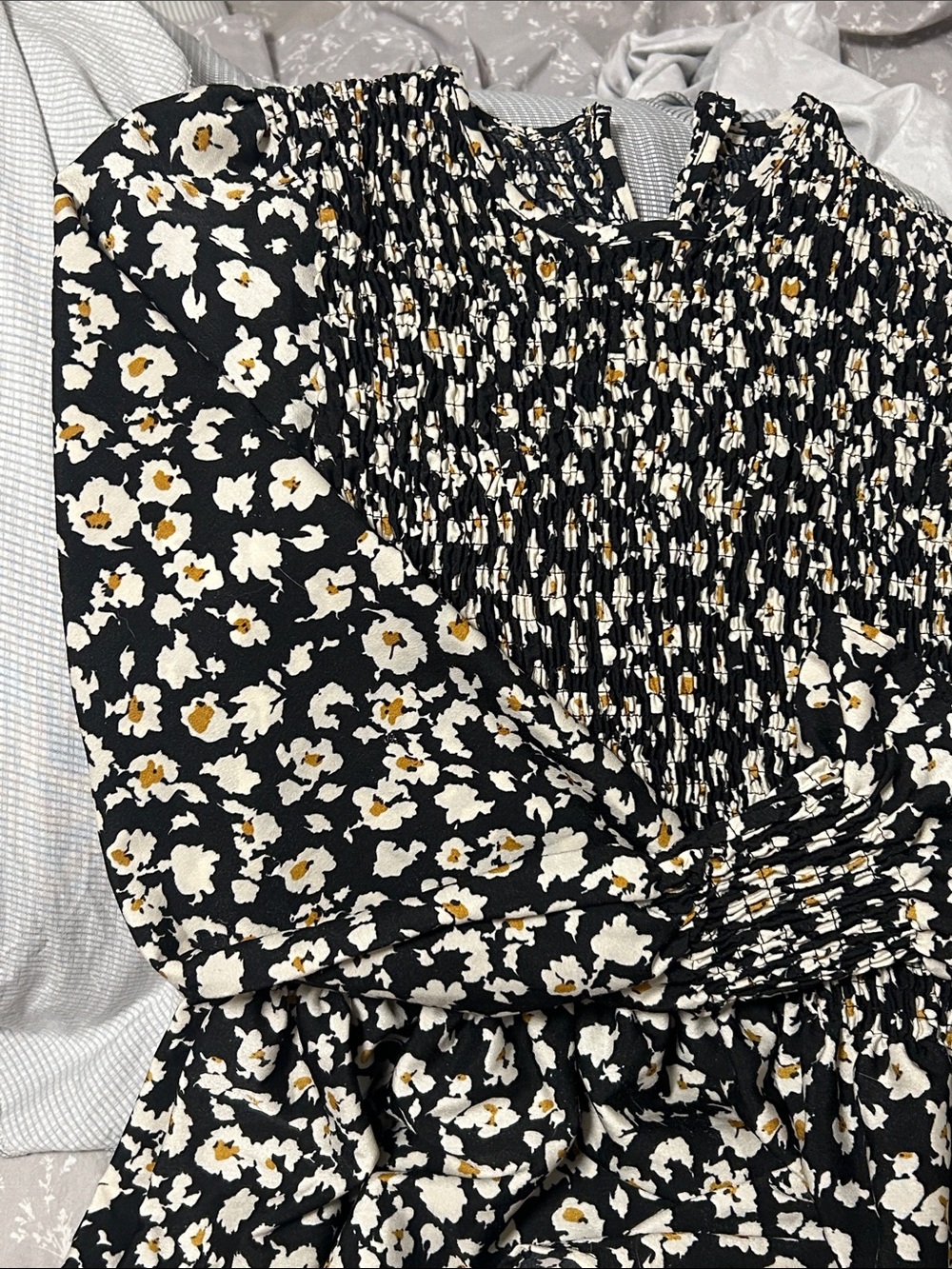 Black Floral Smocked Long Sleeve top